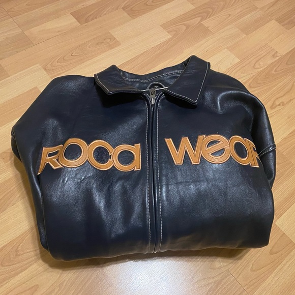 Rocawear Dark Navy and Orange Leather Bomber Jacket